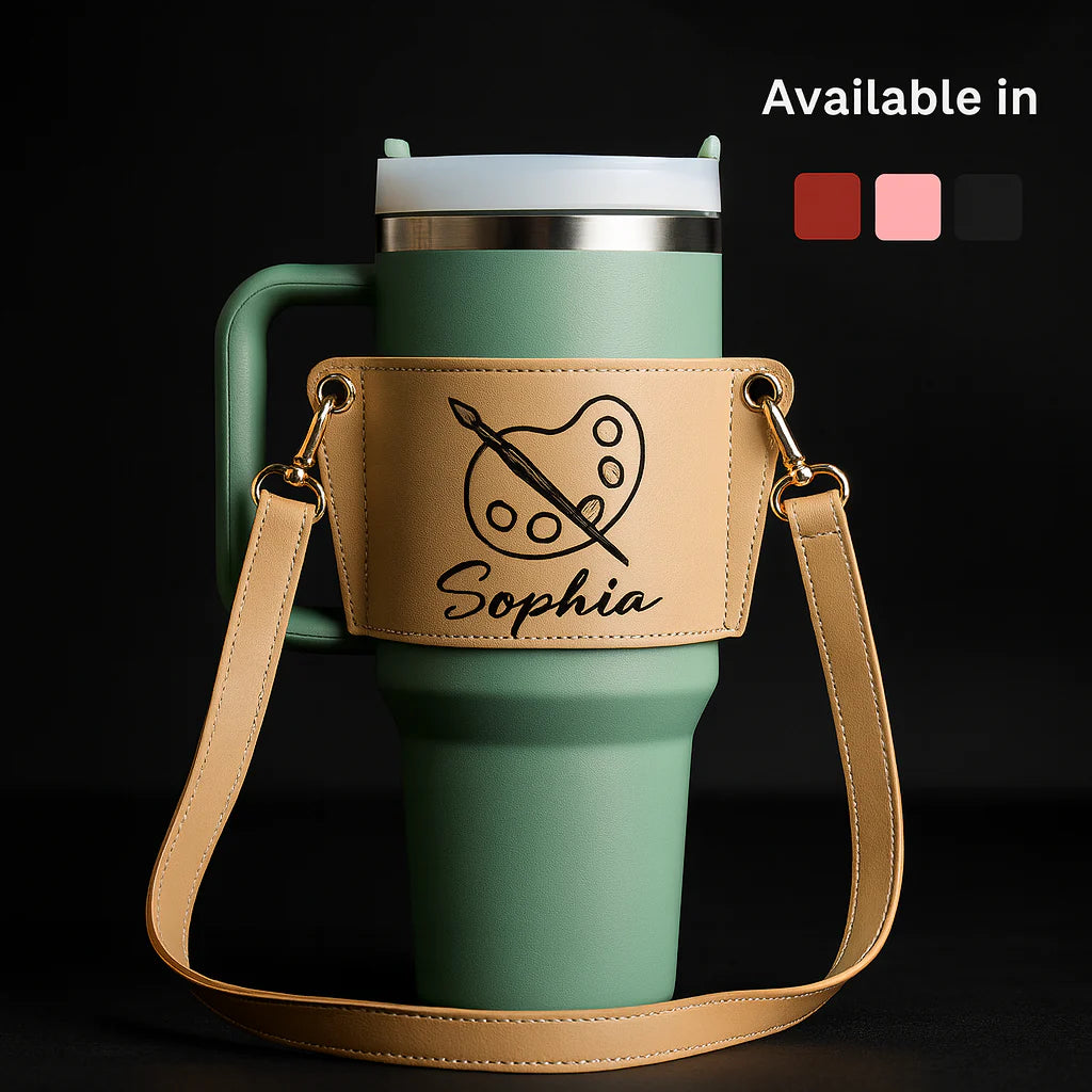 Personalized Leather Carrier for 40Oz Stanley Tumbler with Adjustable Strap
