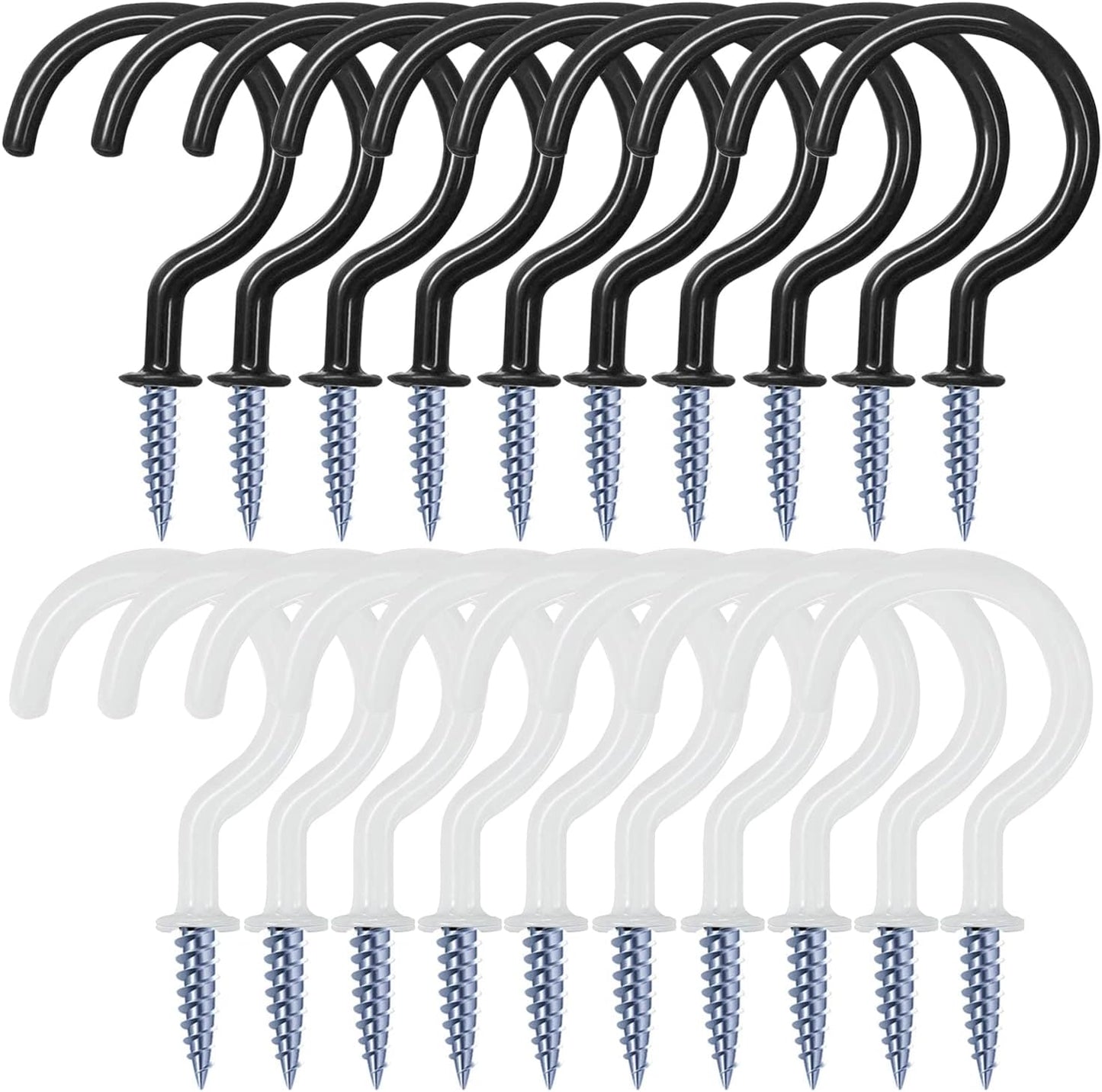 20 Pack 2.9 Inch Vinyl Coated Screw-In Wall Hooks, Mix Color (10 Black+10 White), Great for Indoor & Outdoor Use
