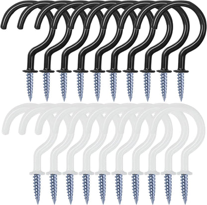 20 Pack 2.9 Inch Vinyl Coated Screw-In Wall Hooks, Mix Color (10 Black+10 White), Great for Indoor & Outdoor Use