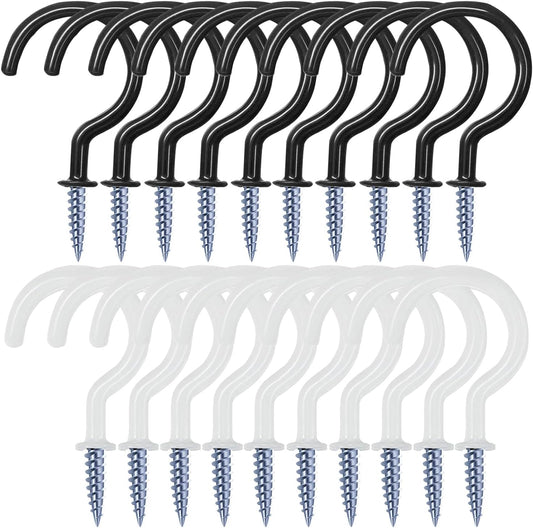 20 Pack 2.9 Inch Vinyl Coated Screw-In Wall Hooks, Mix Color (10 Black+10 White), Great for Indoor & Outdoor Use