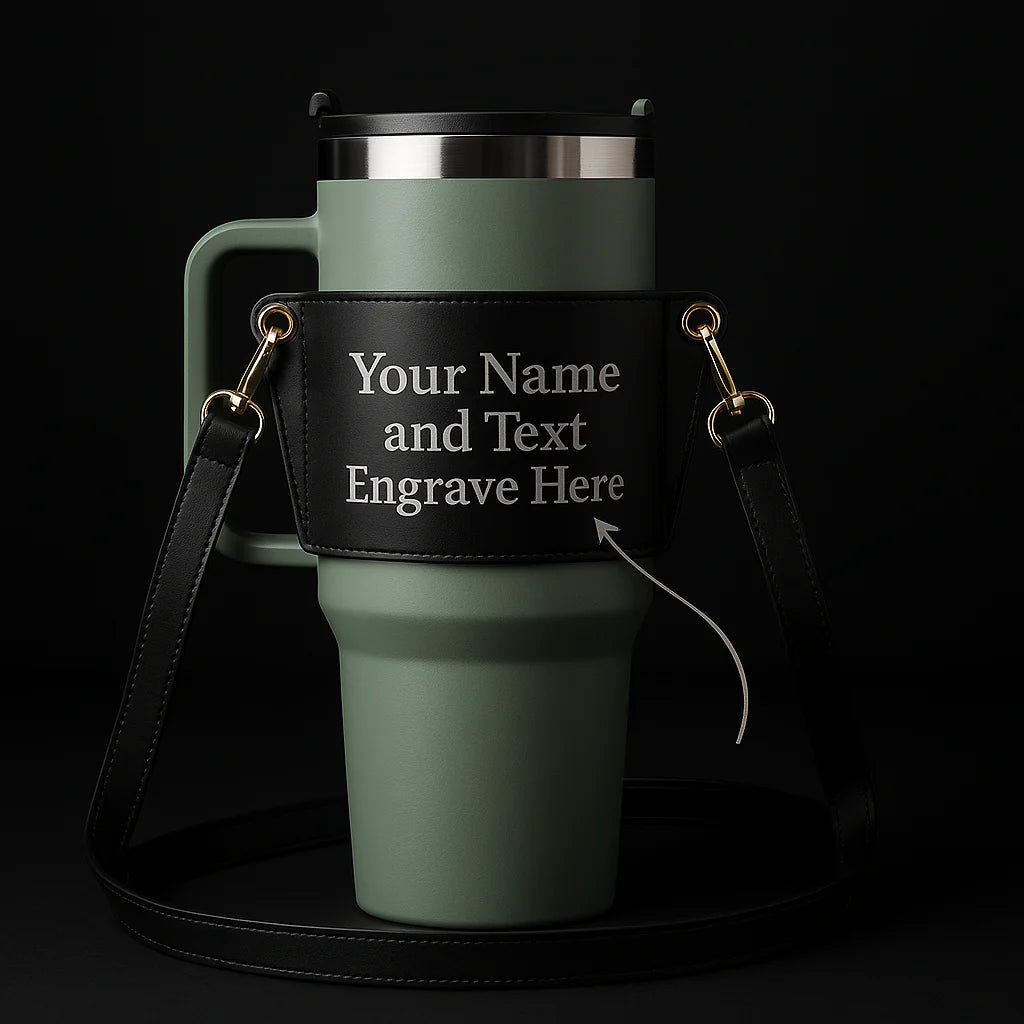 Personalized Leather Carrier for 40Oz Stanley Tumbler with Adjustable Strap