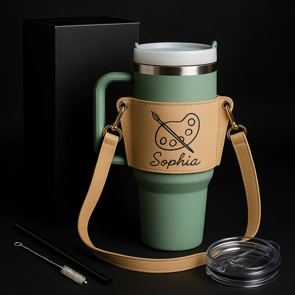 Personalized Leather Carrier for 40Oz Stanley Tumbler with Adjustable Strap